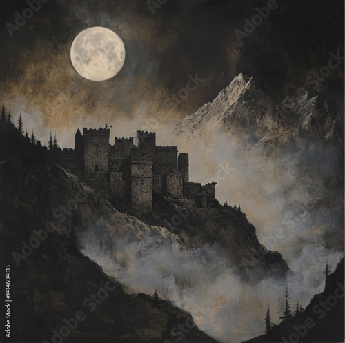 Obraz na płótnie dark fantasy art of a stone castle in the mountains, under the full moon with fog. w salonie