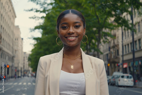A woman stands in the middle of a bustling city street, with urban architecture and people passing by