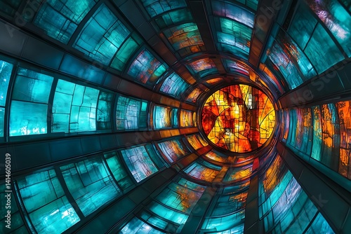 Futuristic Stained Glass Window with a Mesmerizing Fractal Design and Glowing Elements