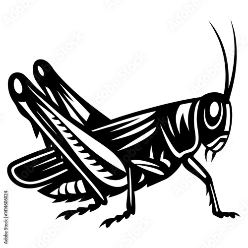 Detailed black and white vector illustration of a grasshopper in profile view