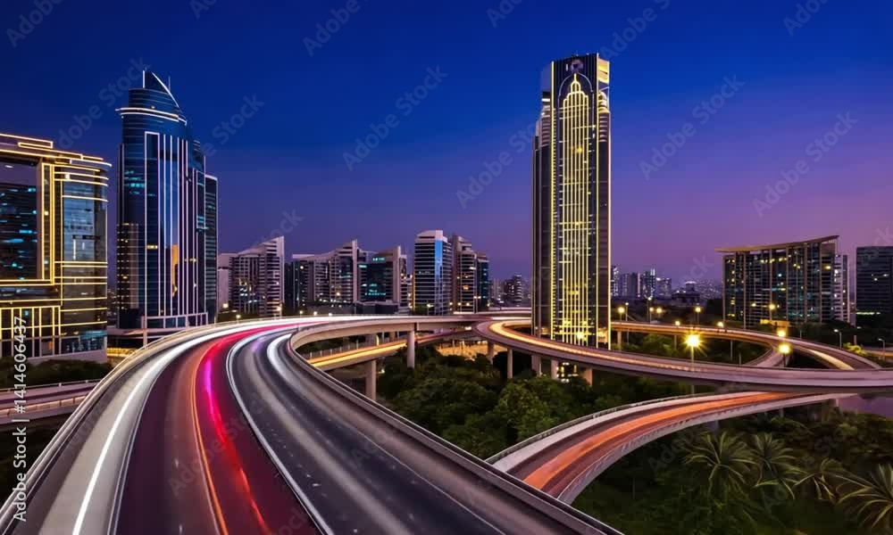 Illuminated city highway intersection at twilight. Illuminated city highway intersection at twilight.