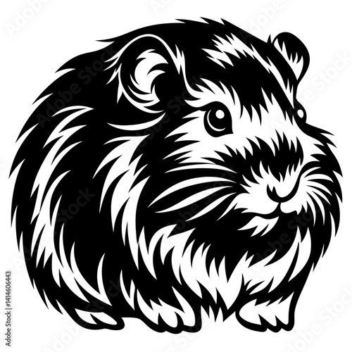 Monochrome drawing of a cute guinea pig with a fluffy coat of hair