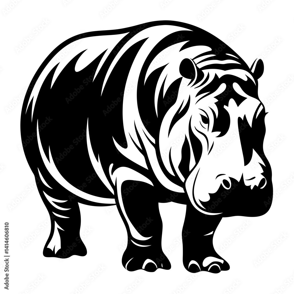 Obraz premium Striking Black and White Vector Graphic of a Powerful Standing Hippopotamus