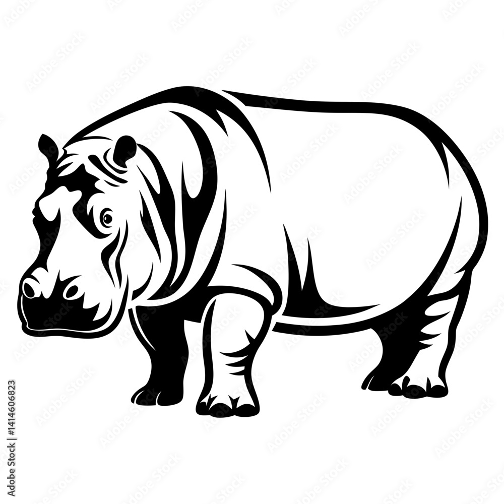 Fototapeta premium Black and white illustration of a hippopotamus standing on a white background