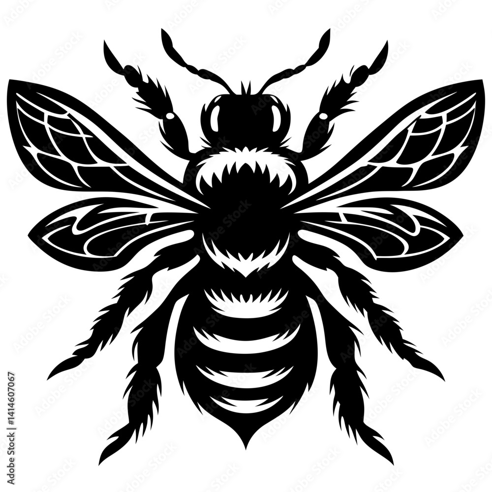 Obraz premium Black and White Striking Honey Bee Silhouette with Detailed Wings and Body