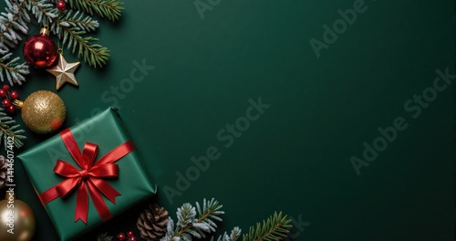 Wallpaper Mural Christmas holiday top down photo featuring large present box red green decorations gold star pine cones mistletoe snow branches isolated green backdrop text area Torontodigital.ca