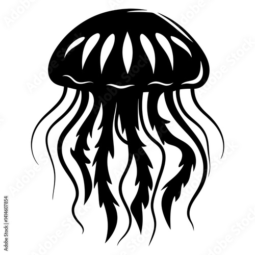 Abstract black and white jellyfish silhouette with long, flowing tentacles design