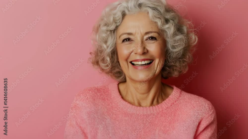 Luminous senior woman radiating joy, wearing soft pink sweater and sporting elegant gray curls, beaming confidently against vibrant pastel background Luminous senior woman radiating joy, wearing soft pink sweater and sporting elegant gray curls, beaming confidently against vibrant pastel background