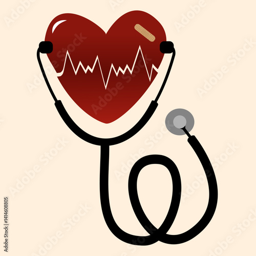 Top and Bottom Halves of Heart Separated by ECG Line, Monitored by Stethoscope, Symbol of Cardiac Monitoring and Heart Health