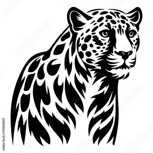 Monochrome image of a Jaguar head with distinctive spots and sharp details