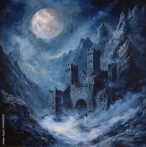 dark fantasy art of a stone castle in the mountains, under the full moon with fog.