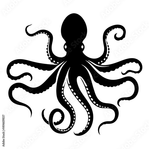 A stylized black octopus with many arms depicted against a white background