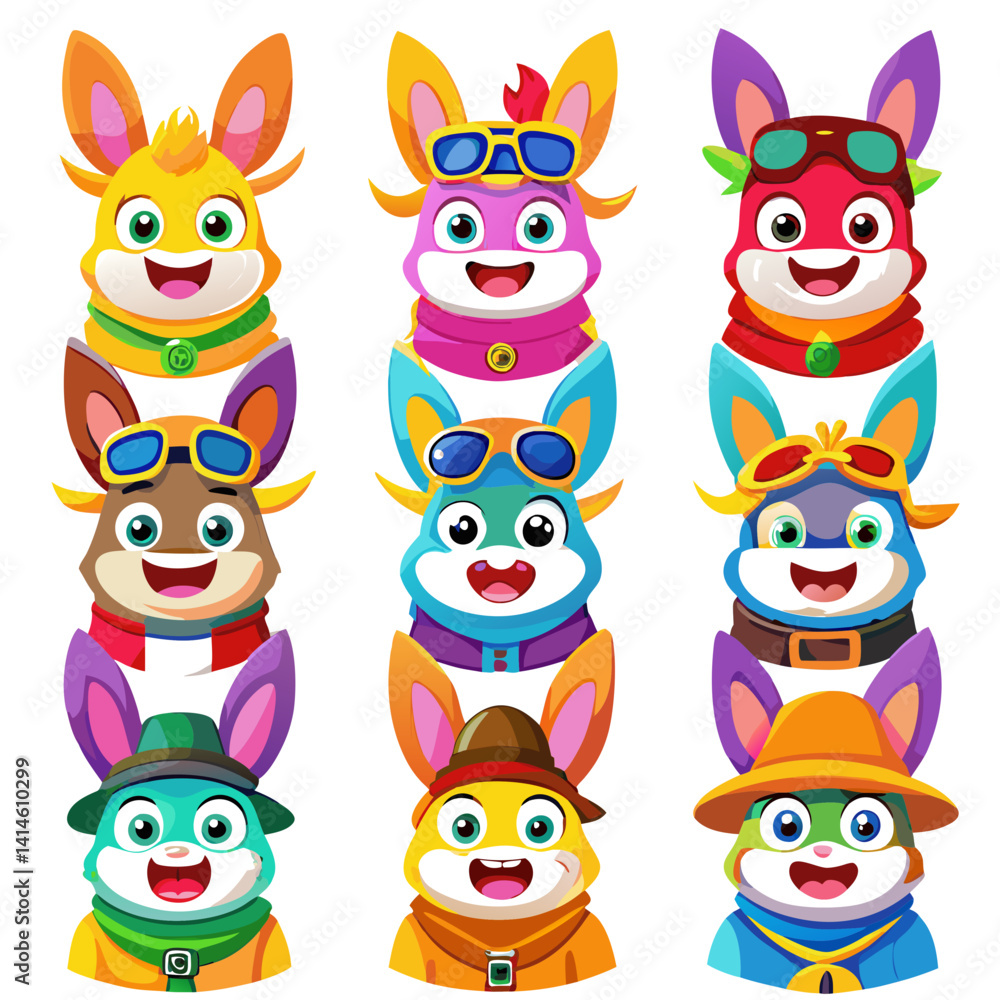 Fototapeta premium Nine Cute Cartoon Bunny Character Heads Collection Vector
