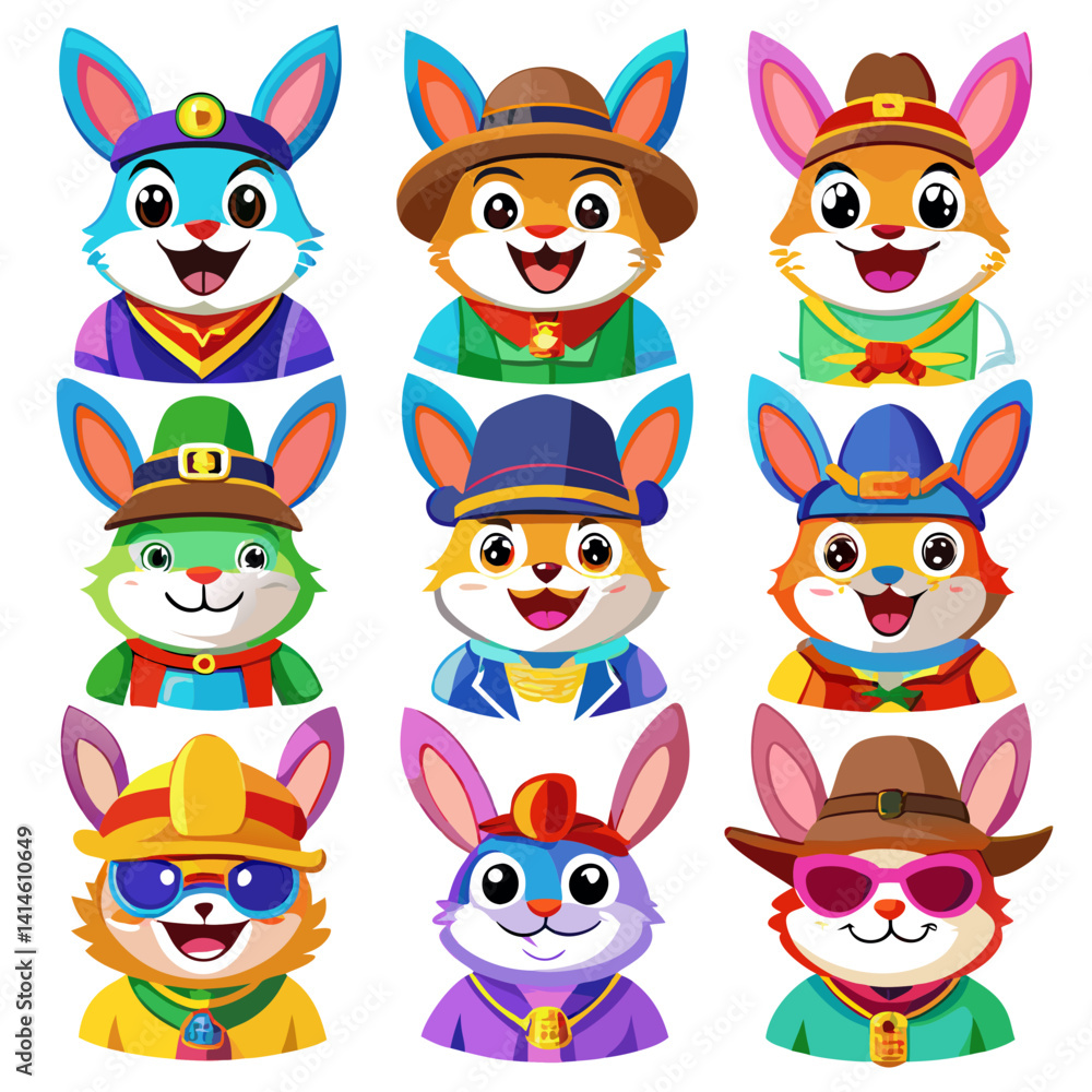 Fototapeta premium Cartoon bunny characters in various outfits and hats