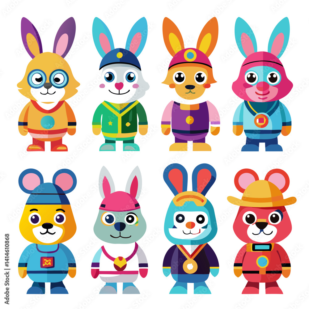 Fototapeta premium Colorful cartoon animal characters, rabbits and mice in costumes