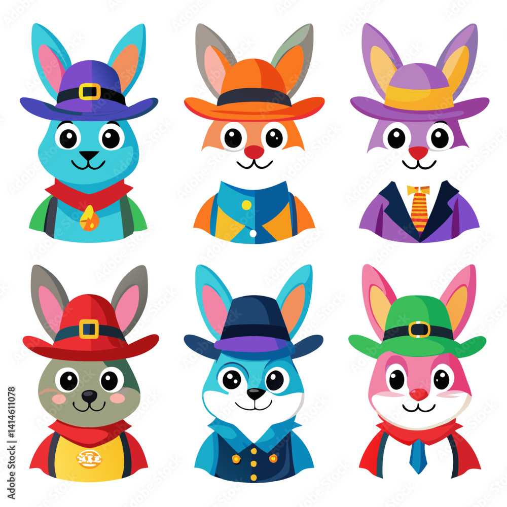 Naklejka premium Cartoon bunnies characters in various outfits, isolated