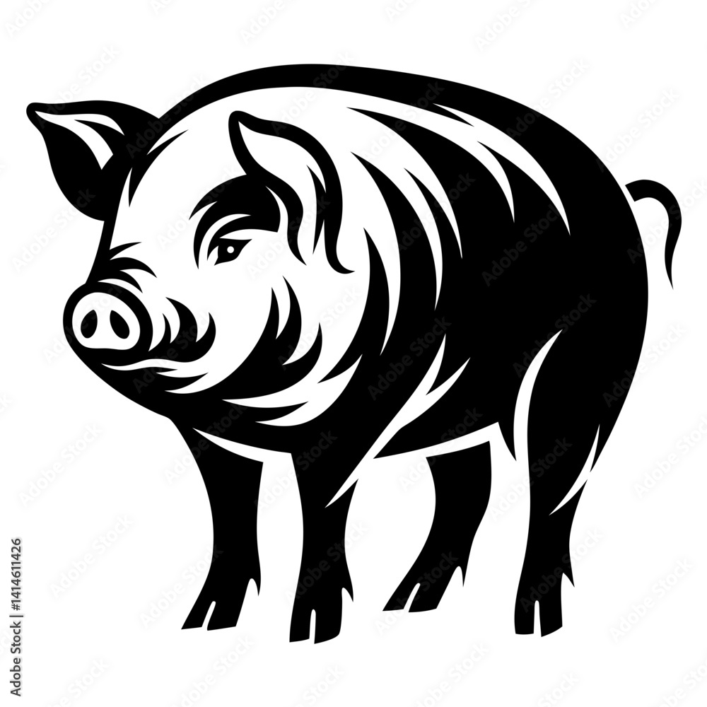 Fototapeta premium Stylized vector illustration of a black and white pig standing sideways