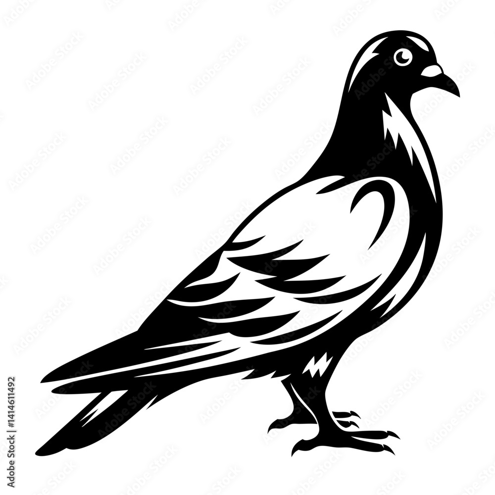 Fototapeta premium Elegant black and white graphic illustration of a pigeon bird standing tall