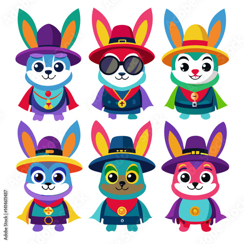 Cartoon superhero rabbit avatars in fun, colorful styles