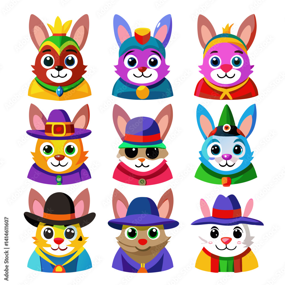Fototapeta premium Collection of Charming Cartoon Rabbit Characters with Various Outfits