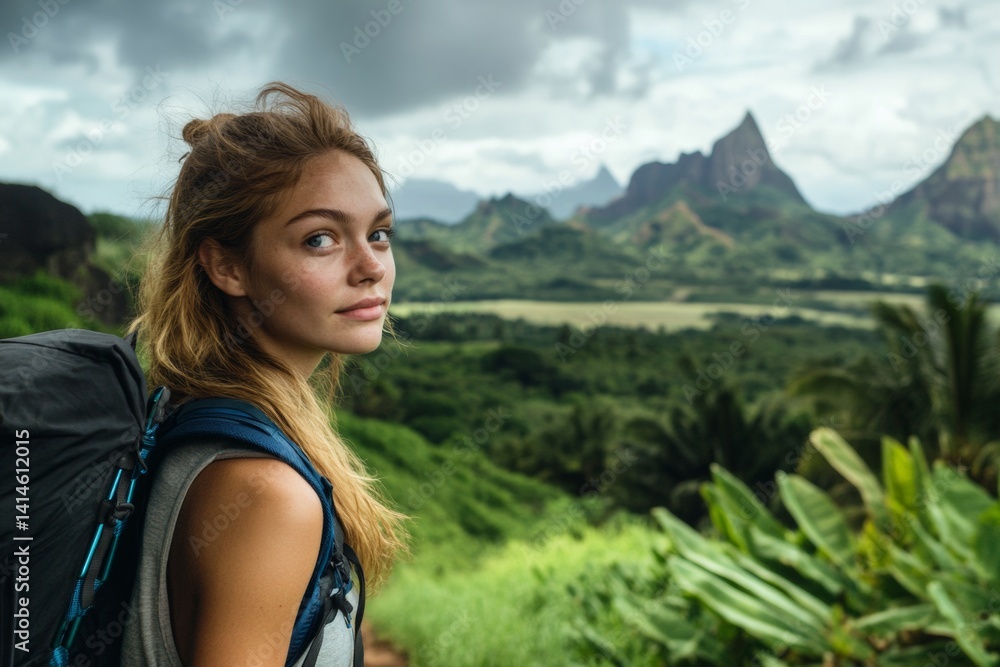 A young woman with a backpack stands confidently on a hiking trail surrounded by vibrant greenery and majestic mountain peaks. She enjoys the serenity of the landscape as the sun sets A young woman with a backpack stands confidently on a hiking trail surrounded by vibrant greenery and majestic mountain peaks. She enjoys the serenity of the landscape as the sun sets