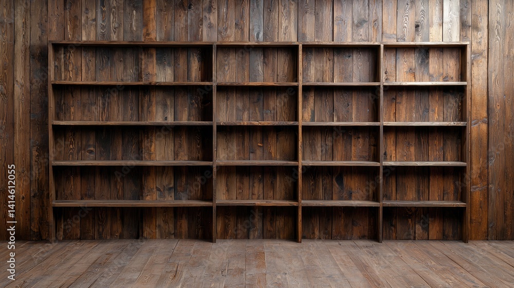 Rustic wooden bookshelf filled with books dark brown tones interior design Rustic wooden bookshelf filled with books dark brown tones interior design