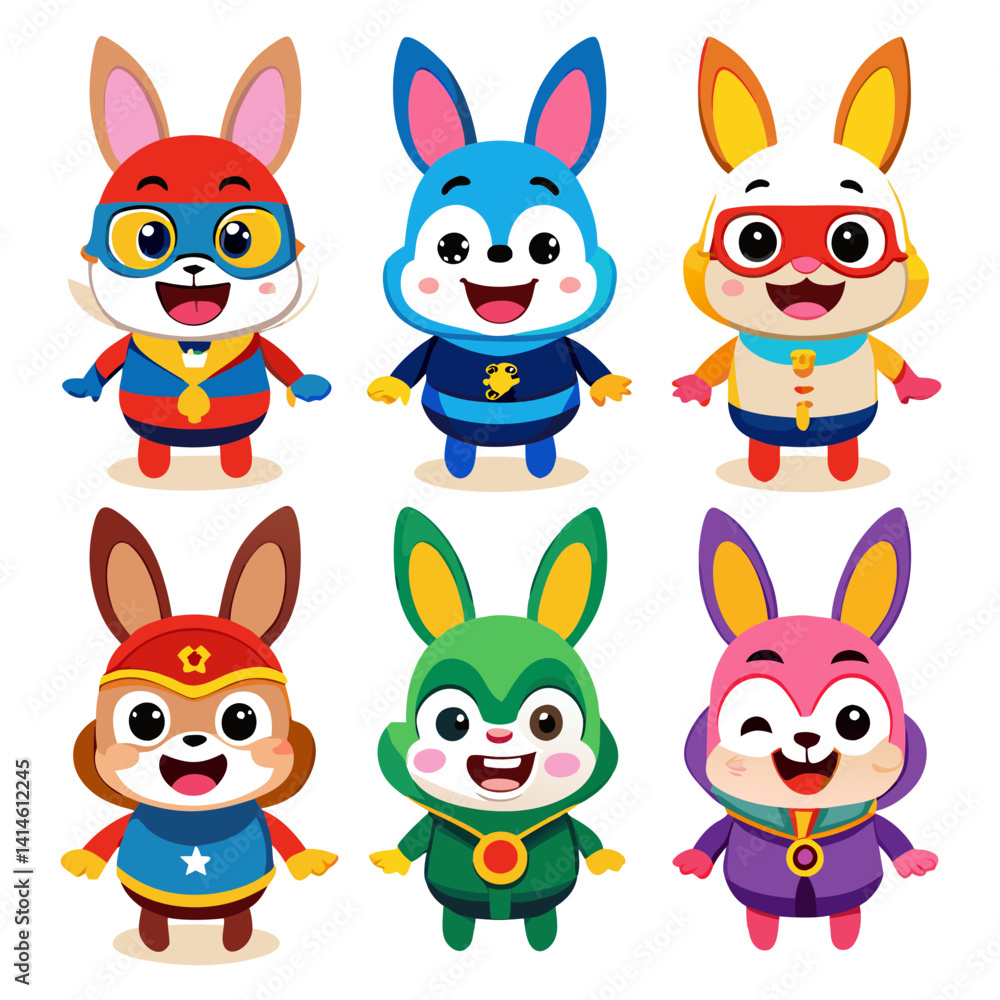 Fototapeta premium Cartoon Rabbits in Superhero Costumes, Isolated on White