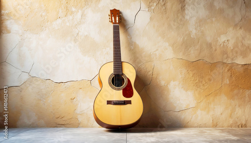 A bold acrylic painting features an electric guitar against a rustic wall.  Vibrant, electric colors and textured brushstrokes create a dynamic and expressive portrayal of the guitar and its surroundi