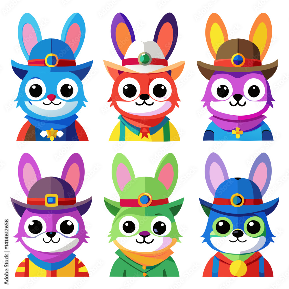 Fototapeta premium Colorful Cartoon Bunny Avatar Set with Different Costumes