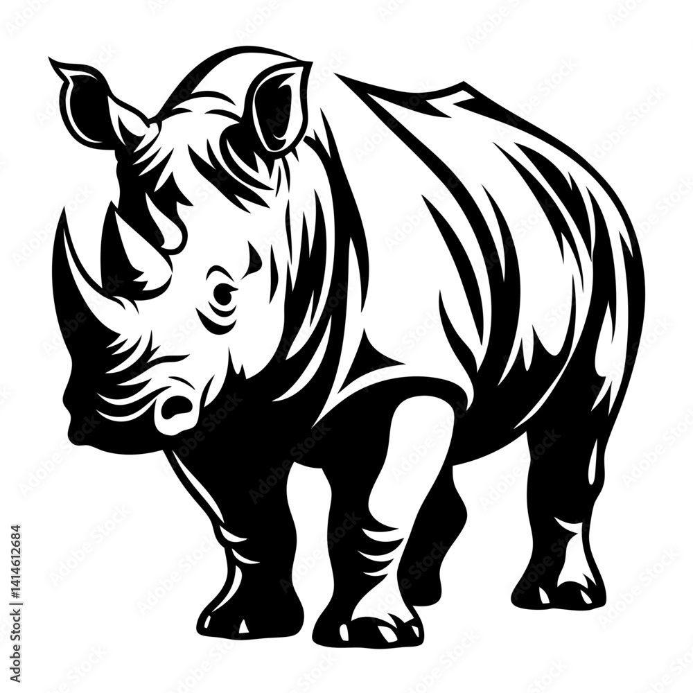 Obraz premium Striking monochrome illustration of a rhinoceros standing tall and proud in profile