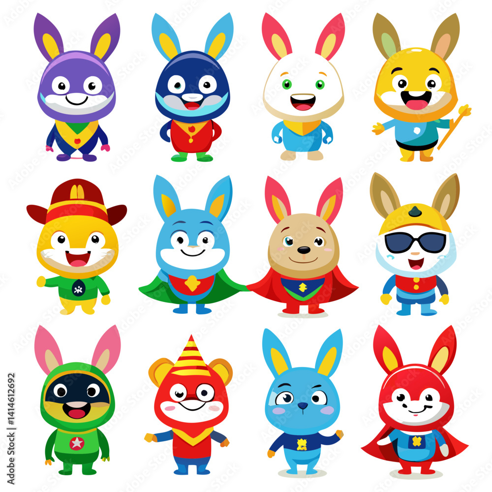 Fototapeta premium Cartoon rabbits in superhero costumes, vector illustration style