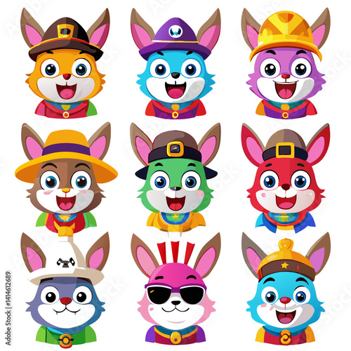 Cute cartoon bunny characters wearing unique hats collection