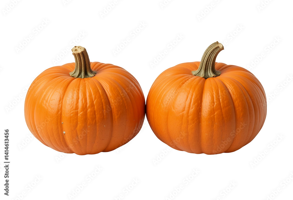 Pair of vibrant orange pumpkins against a clean white backdrop studio shot Pair of vibrant orange pumpkins against a clean white backdrop studio shot