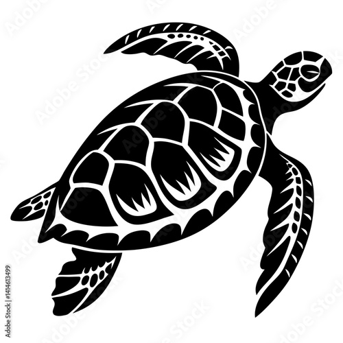 Stylized black and white sea turtle illustration with intricate shell patterns