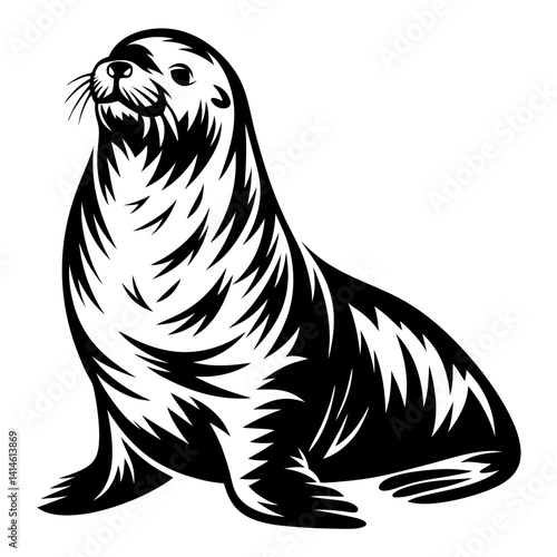 Striking monochromatic depiction of a sea lion sitting upright and looking left