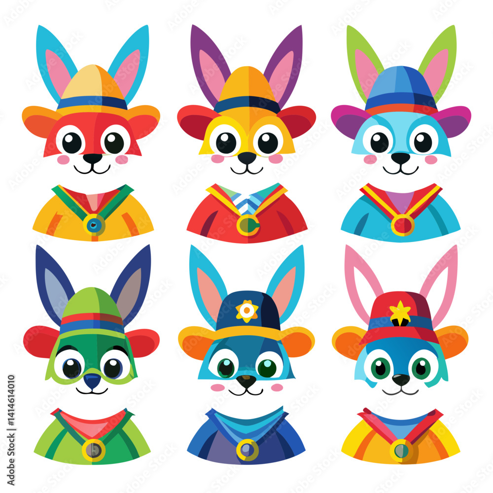 Cartoon bunny character designs, diverse colorful mascot group Cartoon bunny character designs, diverse colorful mascot group