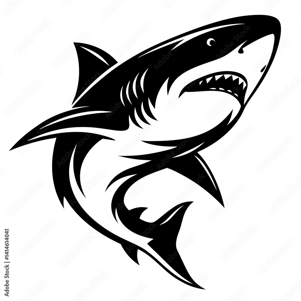Black and white vector illustration of a menacing shark with sharp teeth Black and white vector illustration of a menacing shark with sharp teeth