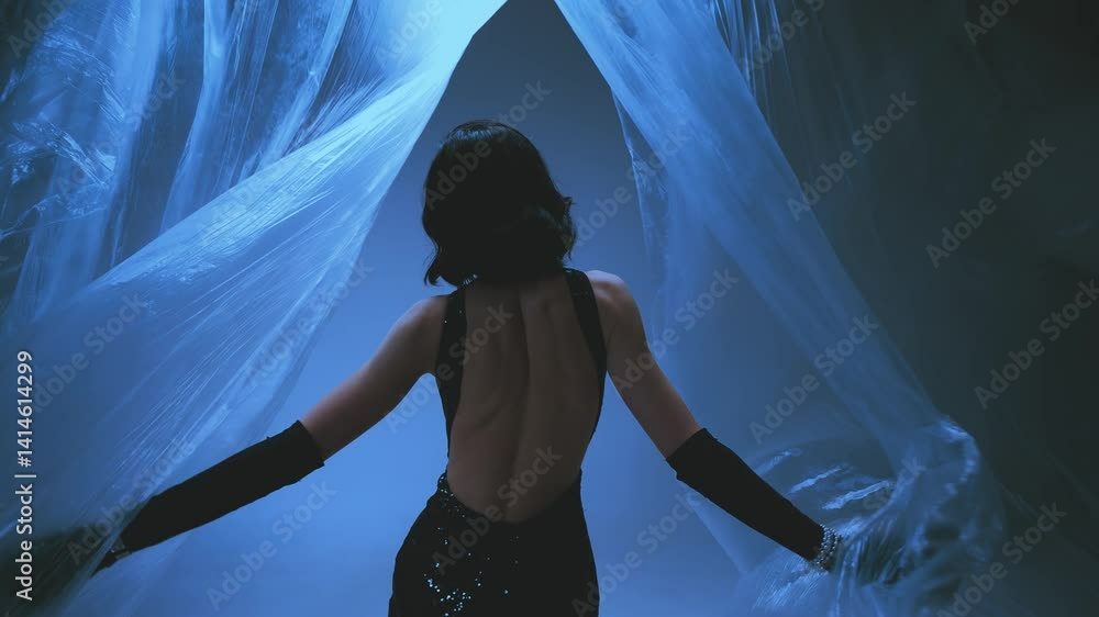 dark silhouette fashion model girl looking posing in studio with film wind blowing slow motion. sexy gothic style woman walking. long black dress open bare back rear view. ghost flashes of light 4k