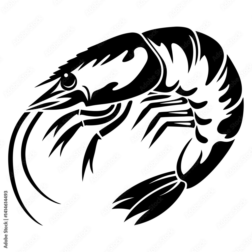 Monochrome illustration of a stylized shrimp in black and white design Monochrome illustration of a stylized shrimp in black and white design
