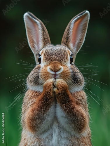 Adorable Brown Rabbit Sitting Up, Paws Together, Cute Expression