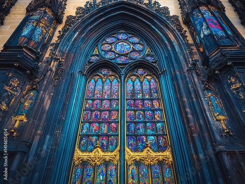 Gothic Cathedral Stained Glass Window Vibrant Colors Architecture Detail