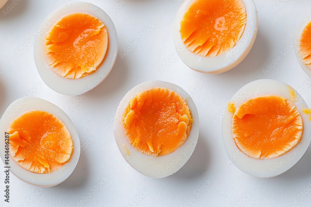 Halved Boiled Eggs: A flat lay overhead shot featuring several halved boiled eggs, showcasing vibrant orange yolks against a bright white background. Halved Boiled Eggs: A flat lay overhead shot featuring several halved boiled eggs, showcasing vibrant orange yolks against a bright white background.