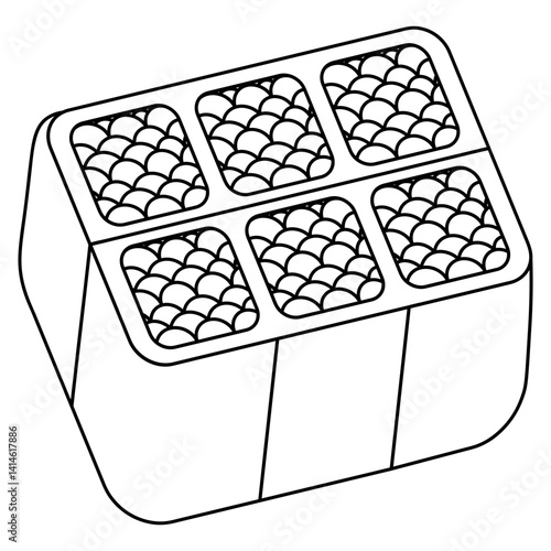 Seedling pots filled with soil. Sketch. Square containers. Six solid molds for sowing seeds. Vector illustration. Outline on an isolated white background. Doodle style. Coloring book for children. 