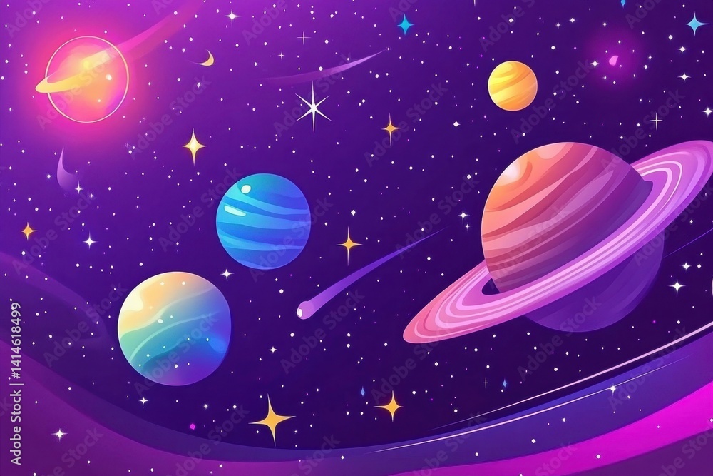 Naklejka premium Vibrant cosmic cartoon illustration of planets stars comets and nebulas in a colorful galaxy background creating a sense of wonder and exploration