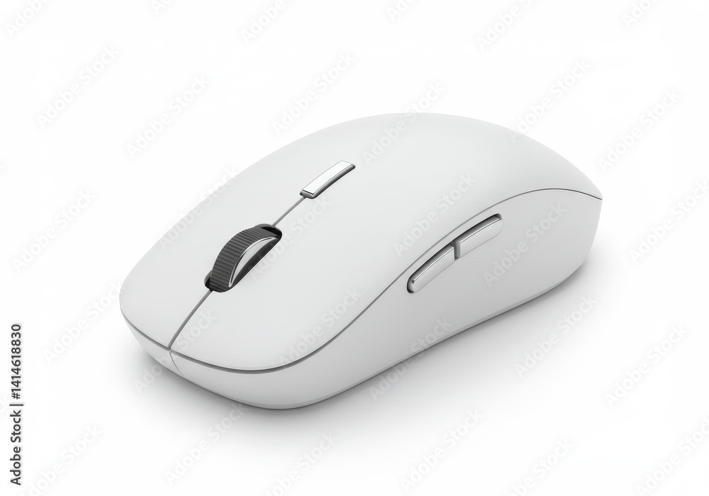 A white wireless computer mouse with silver accents on a clean white background in a studio shot A white wireless computer mouse with silver accents on a clean white background in a studio shot