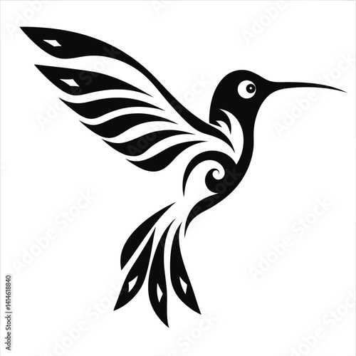 Stylized Black Silhouette Hummingbird in Flight - Abstract Design