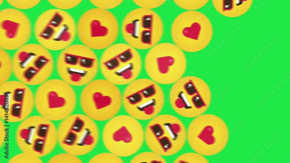 A collection of emoji faces with love and fun expressions, perfect for creating expressive videos or as part of a playful animation project. The green screen makes it easy to add A collection of emoji faces with love and fun expressions, perfect for creating expressive videos or as part of a playful animation project. The green screen makes it easy to add