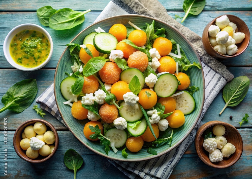 Refreshing Melon Ball Salad Recipe: Top View Food Photography Refreshing Melon Ball Salad Recipe: Top View Food Photography