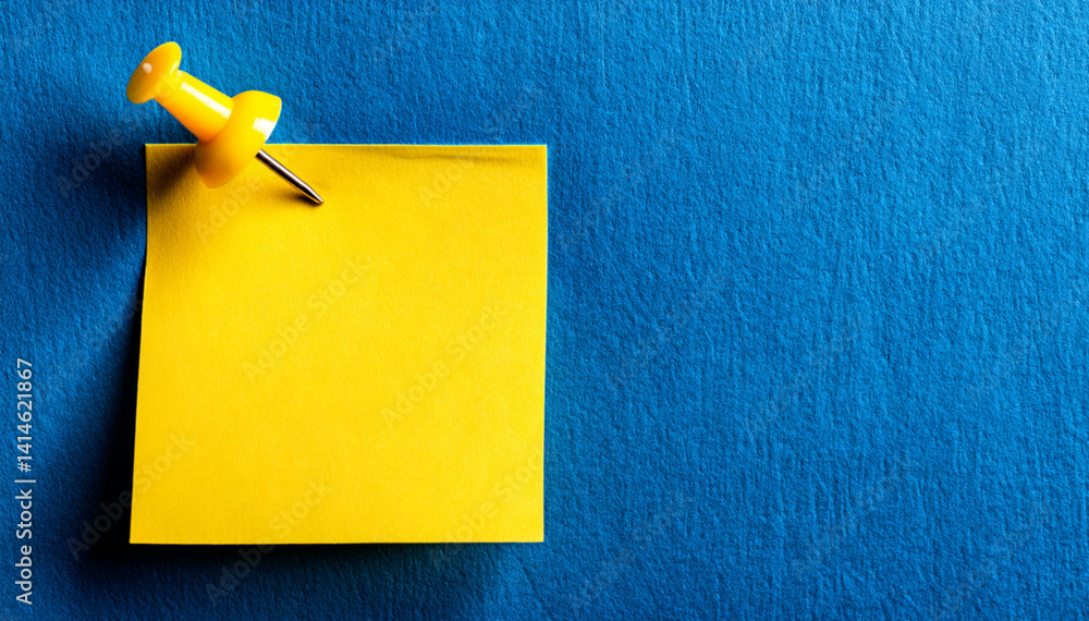 single yellow post-it note attached to wall with blue push pin as simple practical message quick reminder