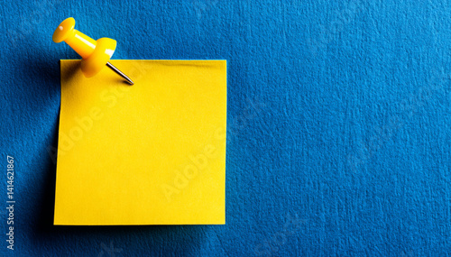 single yellow post-it note attached to wall with blue push pin as simple practical message quick reminder